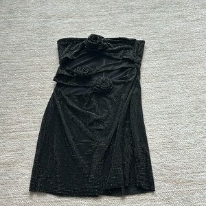 Meshki Black Strapless Mini Dress with Rosette Straps